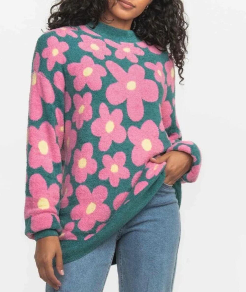 Southern Shirt Dreamluxe Sweater Women's S Teal Pink Knit Relaxed Y2K Floral NWT